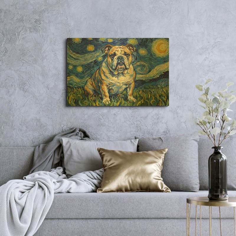 «Bulldog Starry Night» par Rich Monet, art mural en métal doré, 36 po x 24 po, 36"x24"