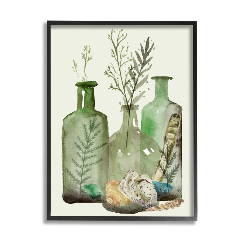 Fougère, plantes, coquillages nautiques, cruche verte, nature morte, par Melissa Wang, H 20 po x l 16 po x P 1,5 po
