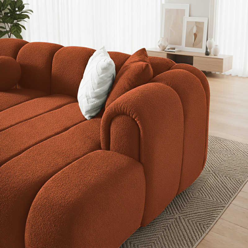 Daventry Channel-Tufted Bouclé L-Shaped Sectional Sofa & Chaise With Accent Pillows, Burnt Orange Boucle