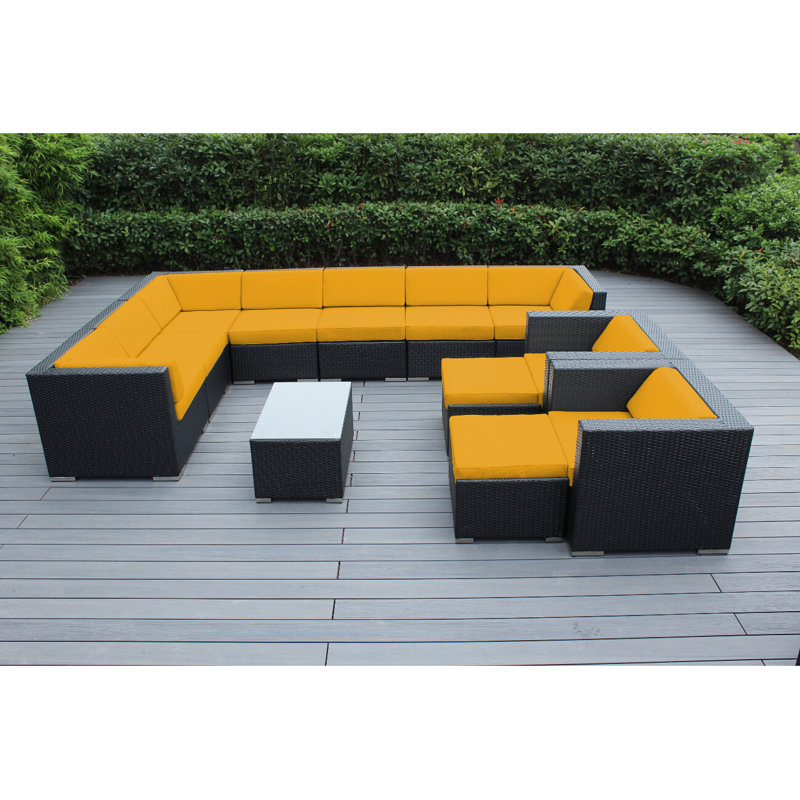Konen Wicker 8 - Person Seating Group with Cushions - No Assembly, Black, Canvas Sunflower Yellow Sunbrella® Canvas