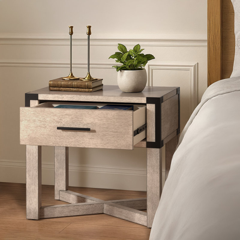 Arcadia Wood Finish X-Base End Table With Drawer Storage, Antique White