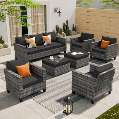 Amerissa 7 - Person Wicker/Rattan Patio Furniture Set, Outdoor Sofa Set with Couch, Chairs, Ottomans, Throw Pillows and Comfy Cushions