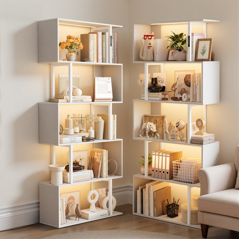 6-Tier Geometric Bookcase with Lighting, White