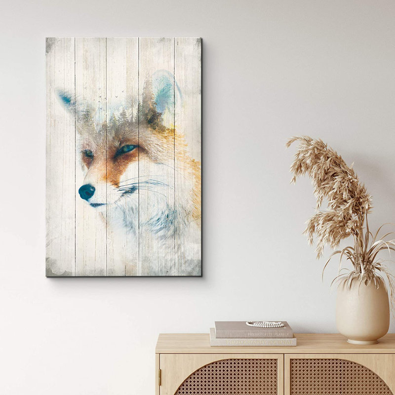 IDÉE4WALL, reproduction d'art sur toile, double exposition, renard et pins, animaux, nature sauvage, technique mixte, art moderne, portrait rustique, chaleureux pour le salon, la chambre à coucher, le bureau