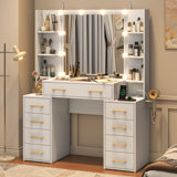 Tempered Glass Top Makeup Vanity Desk With LED Lights And Charging Station