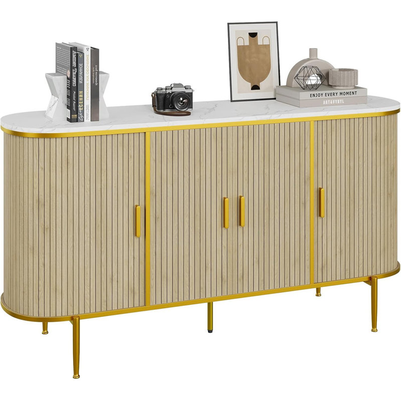 Buffet 50 po moderne avec rangement, console de bar Mid-Century cannelée avec plateau en faux marbre, portes coulissantes à profil courbé pour la cuisine, le salon et le vestibule