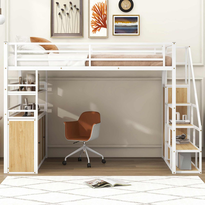 Lit mezzanine double en métal avec bureau, tablettes et garde-robe, Blanc