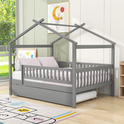 Wooden House Bed With Safety Guardrails And Twin Trundle