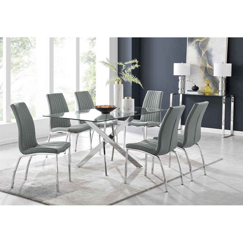 Lenworth Modern Chrome Metal and Glass Dining Table Set with 6 Luxury Faux Leather Dining Chairs, Elephant Gray