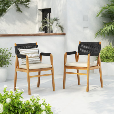 Ensemble de 2 fauteuils de salle à manger d'extérieur en bois avec coussin