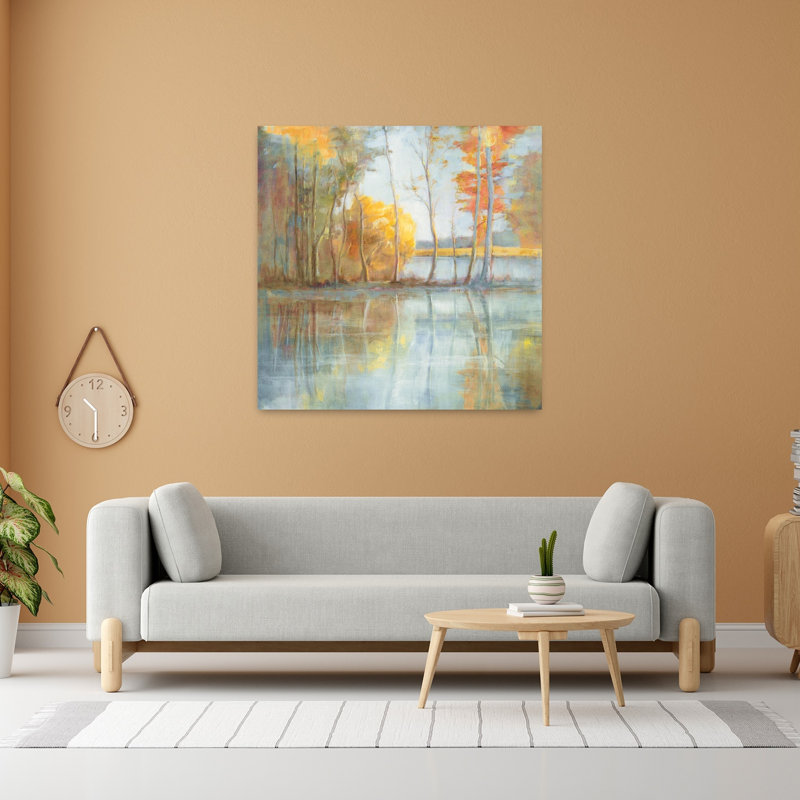 Art contemporain au bord du lac avec art de bouleau d'automne, H 48 po x l 48 po