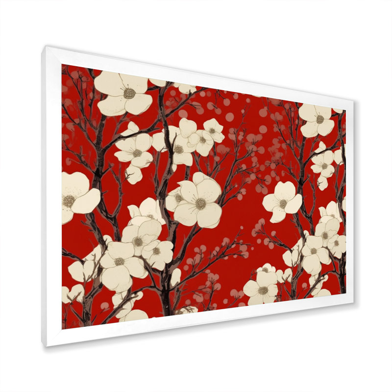 Élégance sur toile rouge et blanc Dogwood, H 30 po x l 40 po x P 1,5 po, Cadre simple blanc