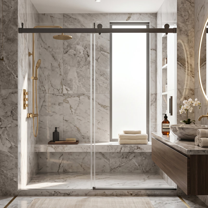 68 po x l 76 po x H 76 po Portes de douche coulissantes simples sans cadre avec tampon, installation réversible, porte en verre trempé épais de 3/8 po (10 mm), fini noir mat