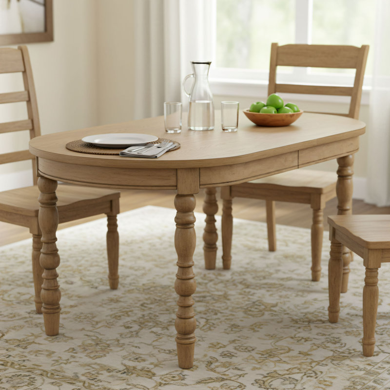 Table de salle à manger de style ferme en bois massif de couleur blé; Forme ovale avec un plateau de table spacieux; Convient pour un repas confortable pour 6 personnes.