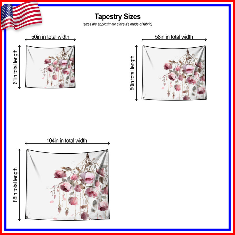 Tapisserie murale aquarelle roses roses - Décoration murale roses, H 68 po x l 80 po avec 4 œillets