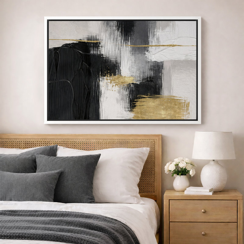 Composition abstraite noire et dorée, blocs audacieux avec contraste blanc neutre, design minimaliste moderne, impression sur toile encadrée