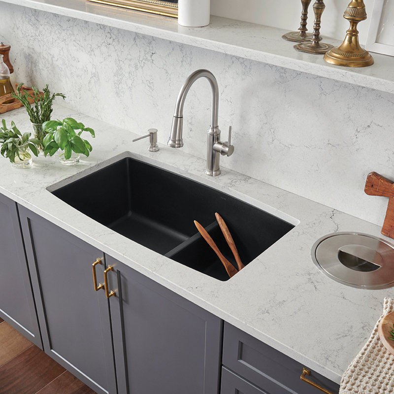 Performa SILGRANIT 33" 60/40 Double Bowl Undermount Kitchen Sink with Low Divide, Coal Black