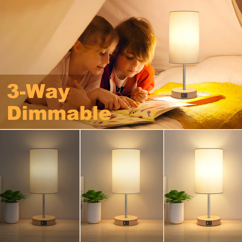 14'' Minimal 3-Way Dimmable Table Lamp Set, Touch Control (2 LED Bulbs Included), Beige