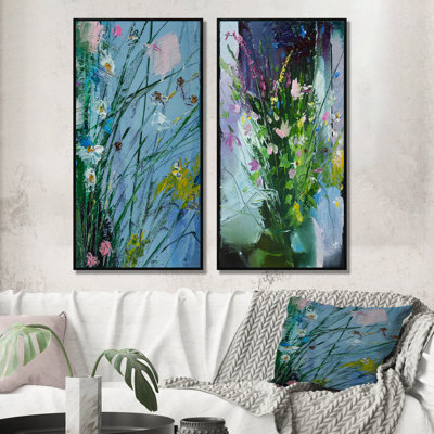 Fleurs abstraites jaunes et vertes - Ensemble de 2 peintures sur toiles