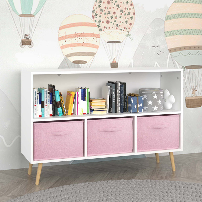 Bibliothèque pour enfants avec tiroirs pliables en tissu, Blanc / rose