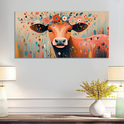 Impression sur toile Country Country - Portrait de vache rétro avec couronne florale, art mural grand campagnard brun