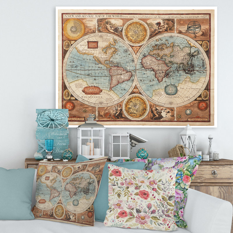Ancienne carte du monde - reproduction d'art sur toile tendue, H 12 po x l 20 po x p 1 po