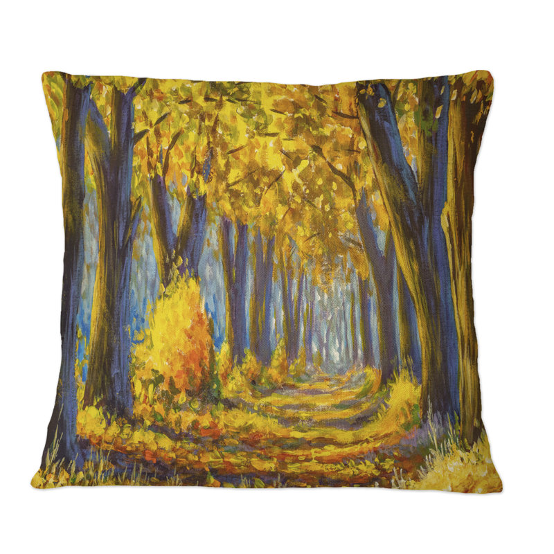 Arbre d'automne doré dans un parc, allée de la nature, coussin décoratif traditionnel, 16 po x 16 po