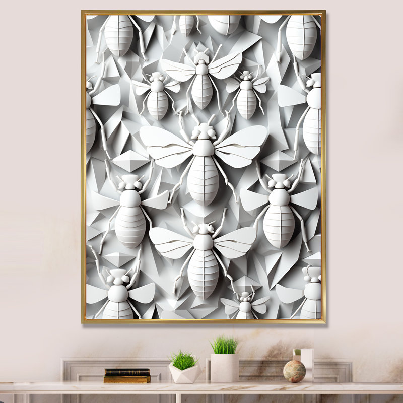 Noir et gris, roches et insectes II - insectes et insectes, art mural, Cadre flottant doré, H 32 po x l 16 po x P 1 po