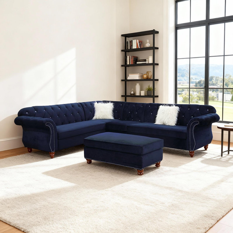 Canapé modulaire 4 pièces de luxe avec coutures en losange et accoudoirs à volutes, Indigo