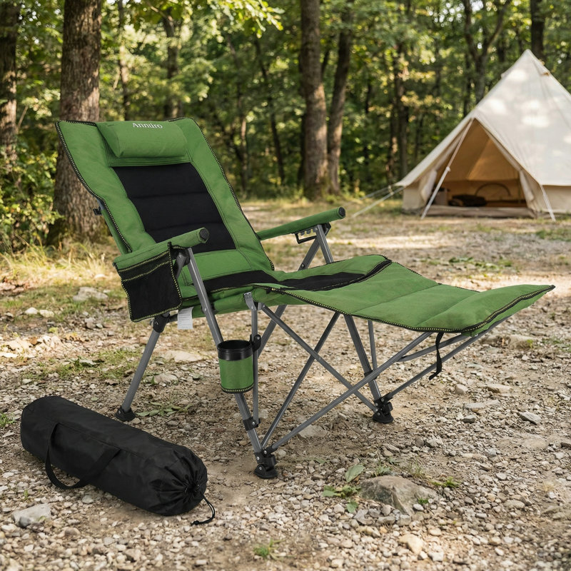 Folding Camping Chair For Adults-3-In-1 Heavy Duty Foldable Camp Chair With Detachable Footstool, Padded Pillow, Cup Holder & Carry Bag,5-Speed Adjustable,500 LBS Capacity