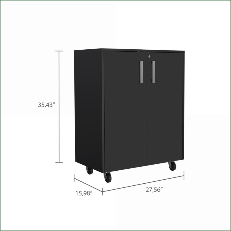 Base de rangement avec 4 roulettes, 2 portes doubles et 2 tablettes, noir | Moderne | Mélamine
