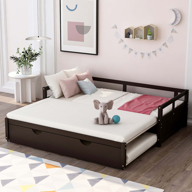 Lit de jour extensible avec couchette, lit de jour en bois avec couchette, Espresso