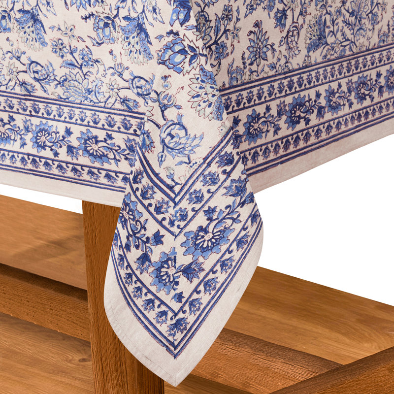 Linen and Cotton Blend Floral Tablecloth, 59 x 86 Rectangle, Beige, Blue