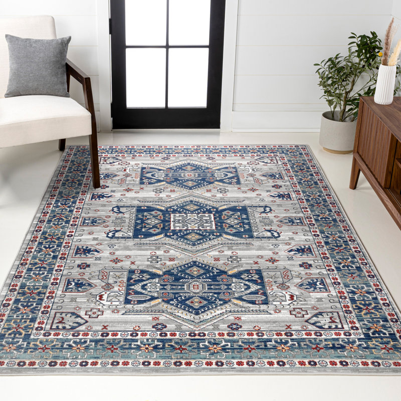 Blough Modern Persian Vintage Medallion Blue/Light Grey Rug, Rectangle 5'3" x 7'6"
