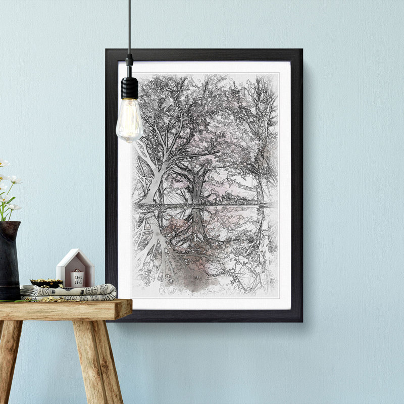 Reflection of the Pink Blossom Trees Sketch 1 Piece Single Picture Frame Wall Art on MDF, 87cm H x 62cm W x 2cm D