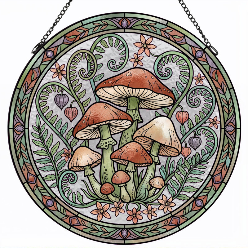 Panneau de vitrail en forme de fougère champignon, 7,8 heures, 7.8"H