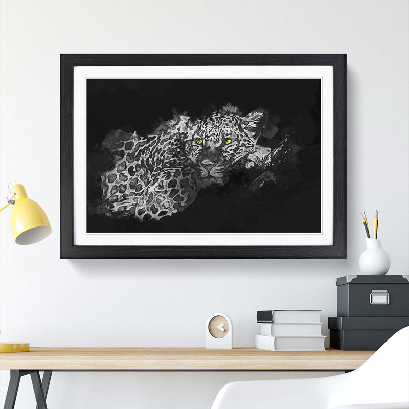 Leopard with Green Eyes High in Abstract - Picture Frame Graphic Art Print, 48cm H x 65cm W x 2cm D, Black Framed