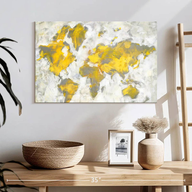 Carte du monde jaune-gris, H 16 po x l 24 po