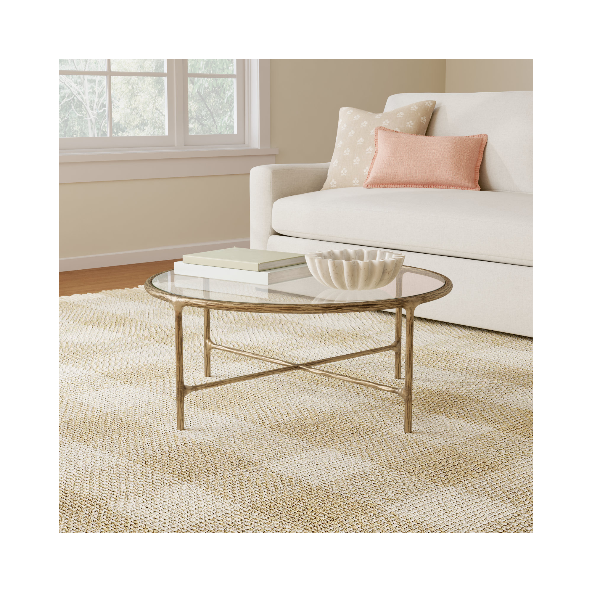 Evelynn Single Coffee Table, Glass, Brass, Clear
