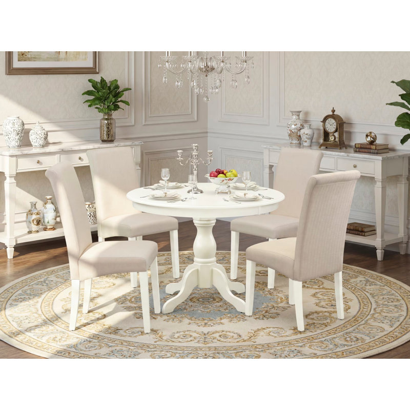 Karmakar Rubberwood Solid Wood Dining Set, 5 Pieces, 30" H x 42" W x 42" D, Linen White