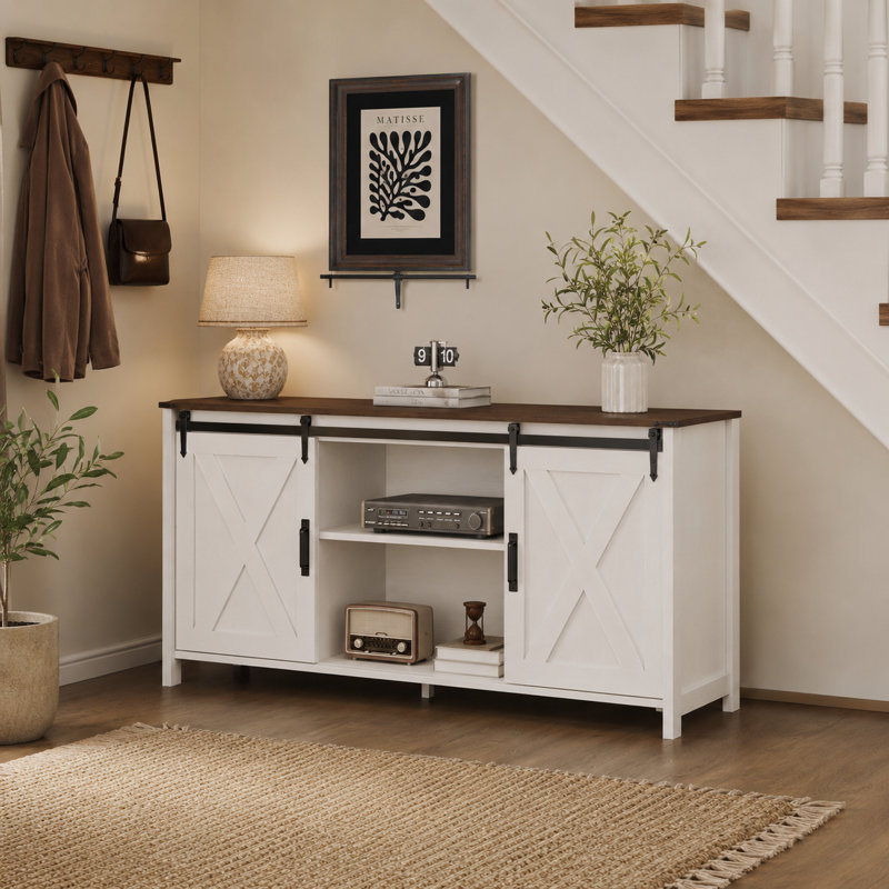 Tv Stand For Tvs Up To 70" with 2 Sliding Barn Doors and Built-In Charging Station, White