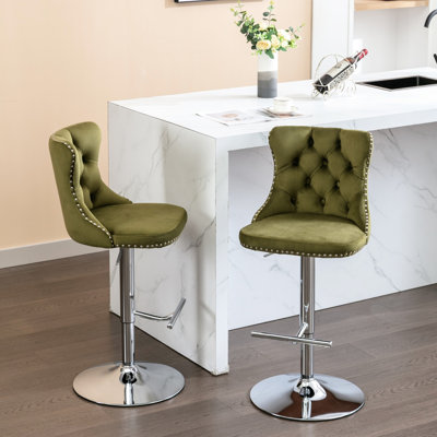 Velvet Of 2, 360° Swivel, Adjustable Seat Height 25 - 33 Inch, Back, Olive For Pub Kitchen Island Home And Swivel , Upholstery, Inch Height,