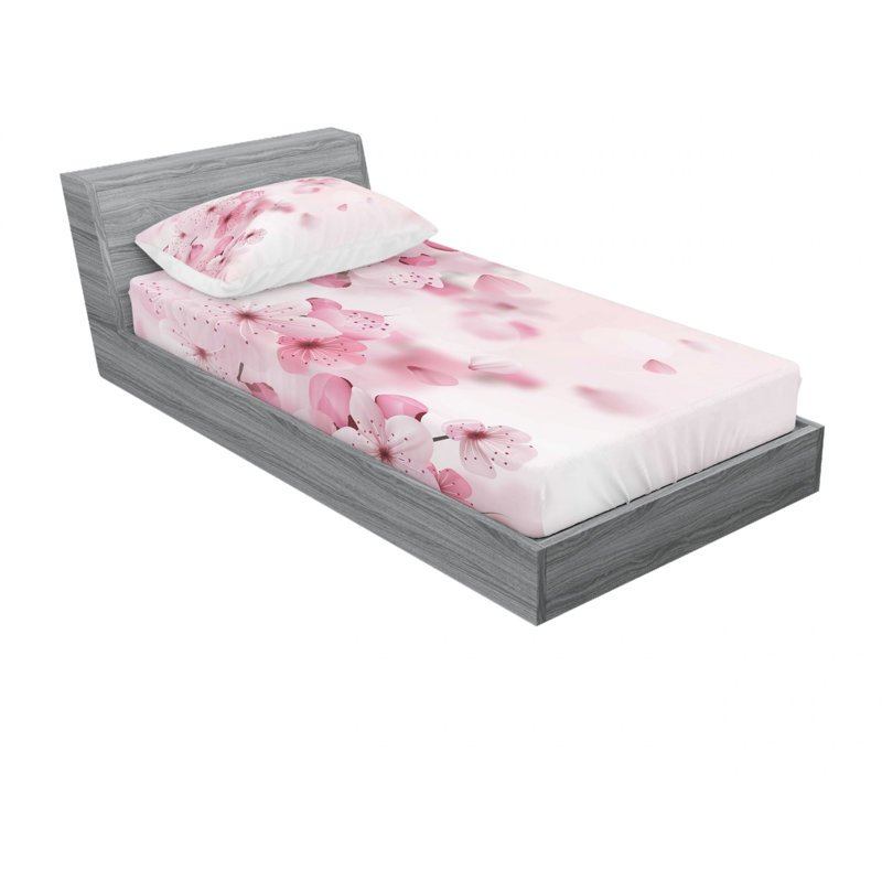 Microfiber Floral Sheet Set, Twin XL Sheet Set with Fitted Sheet, Japanese Sakura Floral