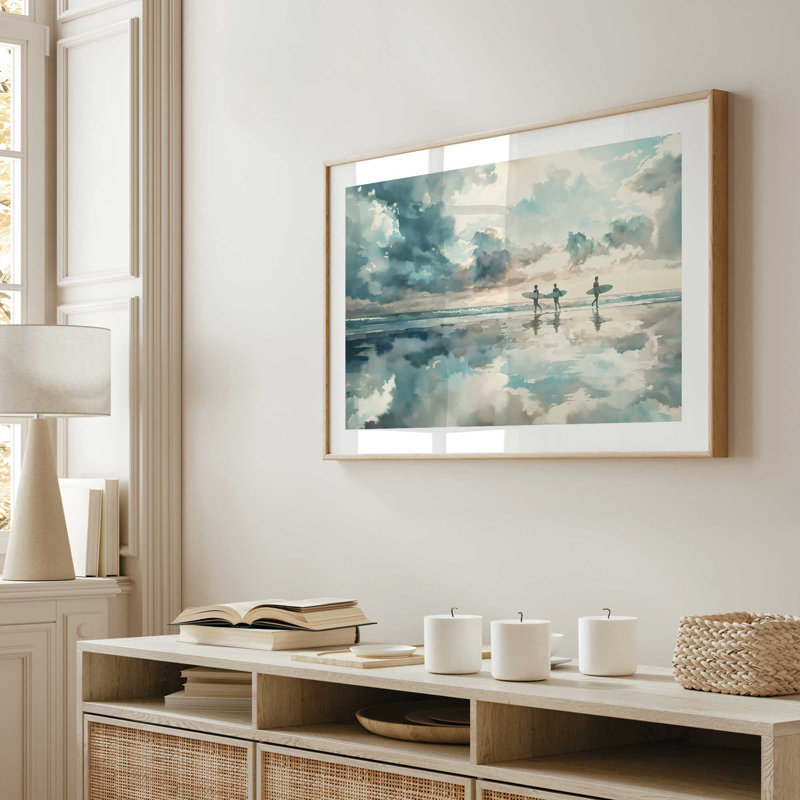 Surfers in Sky Reflection Framed Print, Opaque White, 12" H x 15" W
