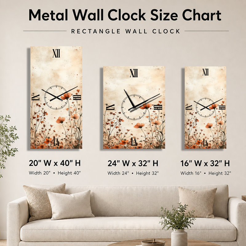 Fleur sauvage brune délicate II - Grande horloge murale minimaliste en métal, H 32 po x l 24 po - Rectangle