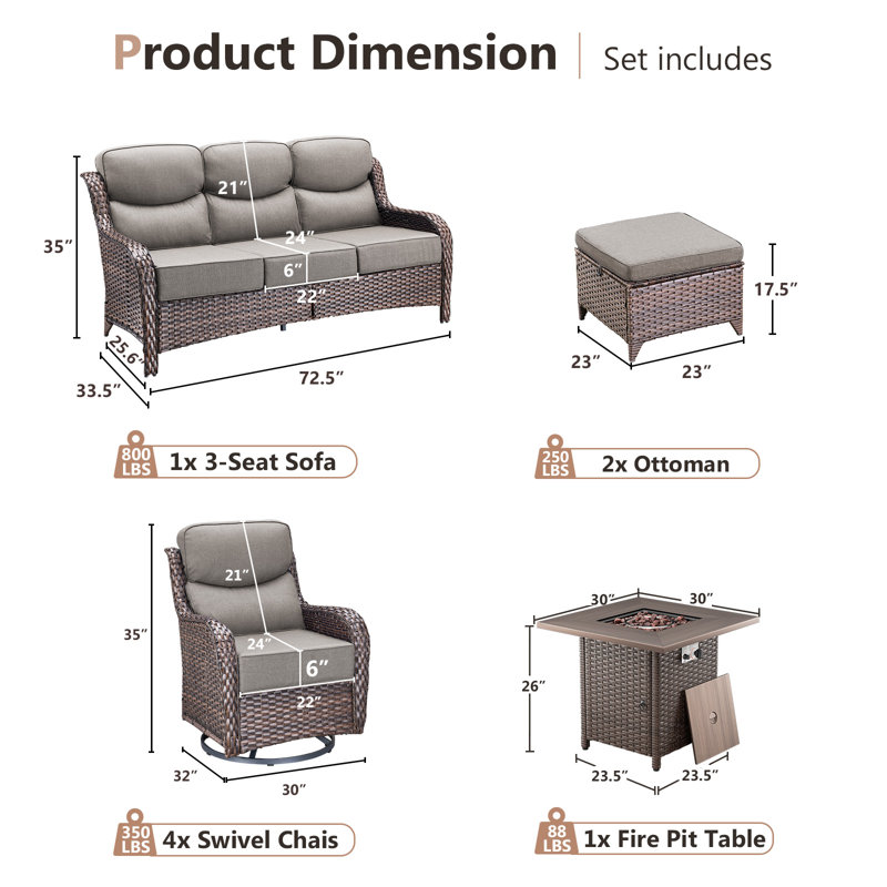 High Back Outdoor Furniture With 6-Inch Extra Thick Cushions, Patio Furniture Set With Fire Pit Table & Swivel Chairs, 8PCS Wicker Conversation Set For Yard, Deck, Poolside