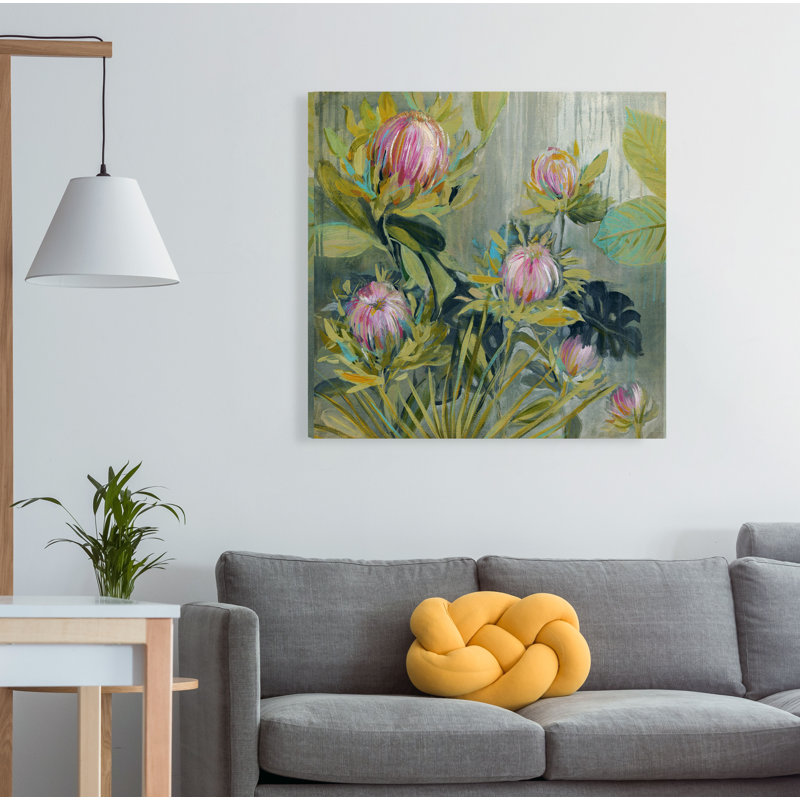 « protea catching rain », peinture sur toile tendue, H 16 po x l 16 po x P 1,5 po