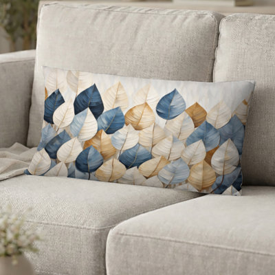 Coussin décoratif à imprimé feuilles Leaves - beige et bleu