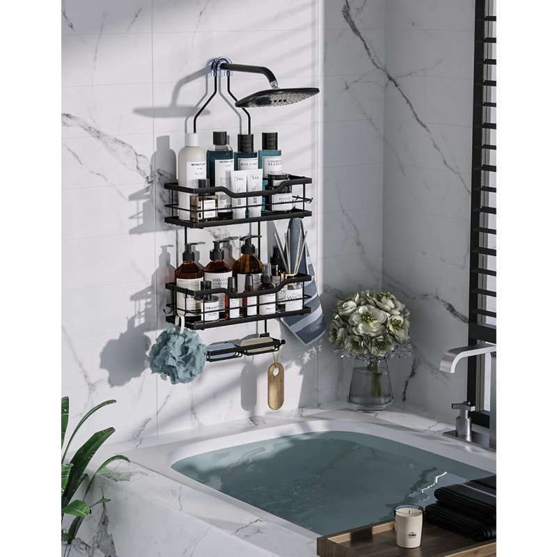 Panier de douche suspendu au pommeau de douche - Organisateur de douche antirouille avec porte-savon et éponge