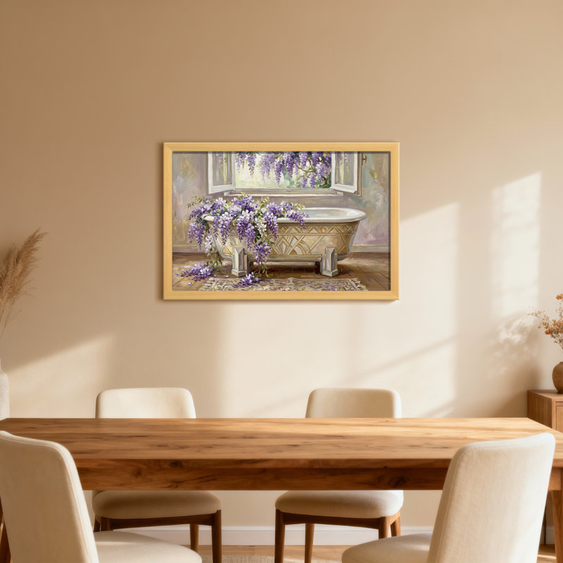 Art sur toile, fleurs mauves, 20" H x 30" W, Cadre photo unique, Grain de bois clair